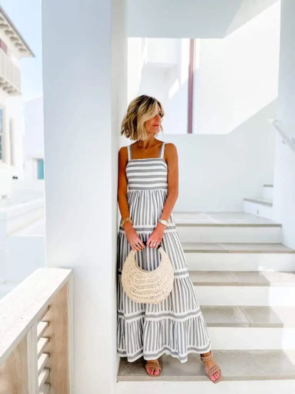 O.P.T. Elara Striped Tiered Maxi Dress Sundress Slate White Size x Small